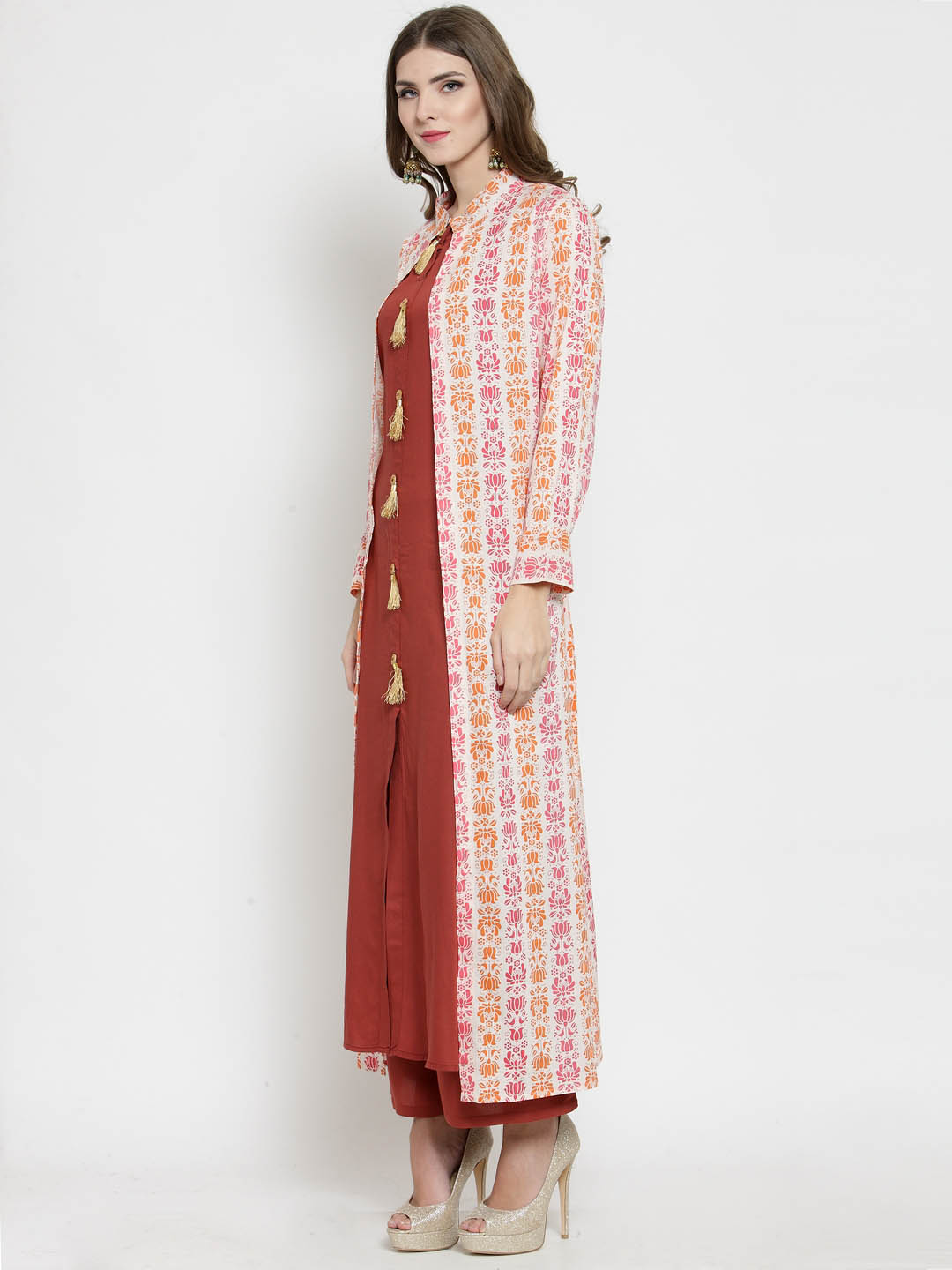 Women 2 Piece Layered Kurta with Brown Palazzo Set