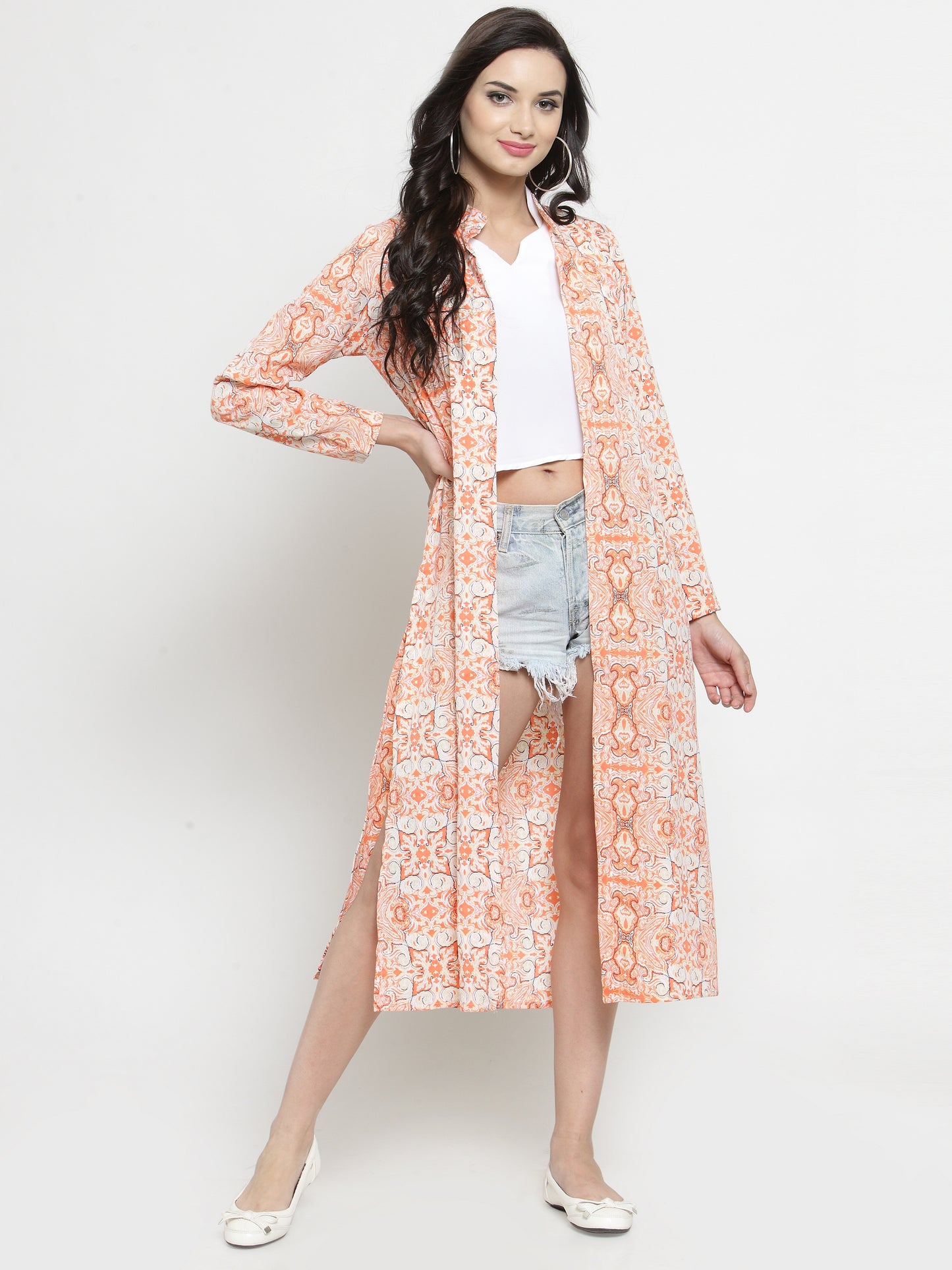 Orange-Colored Printed Open Front Shrug