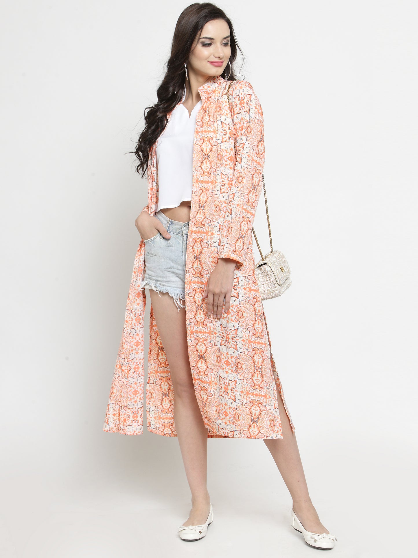 Orange-Colored Printed Open Front Shrug