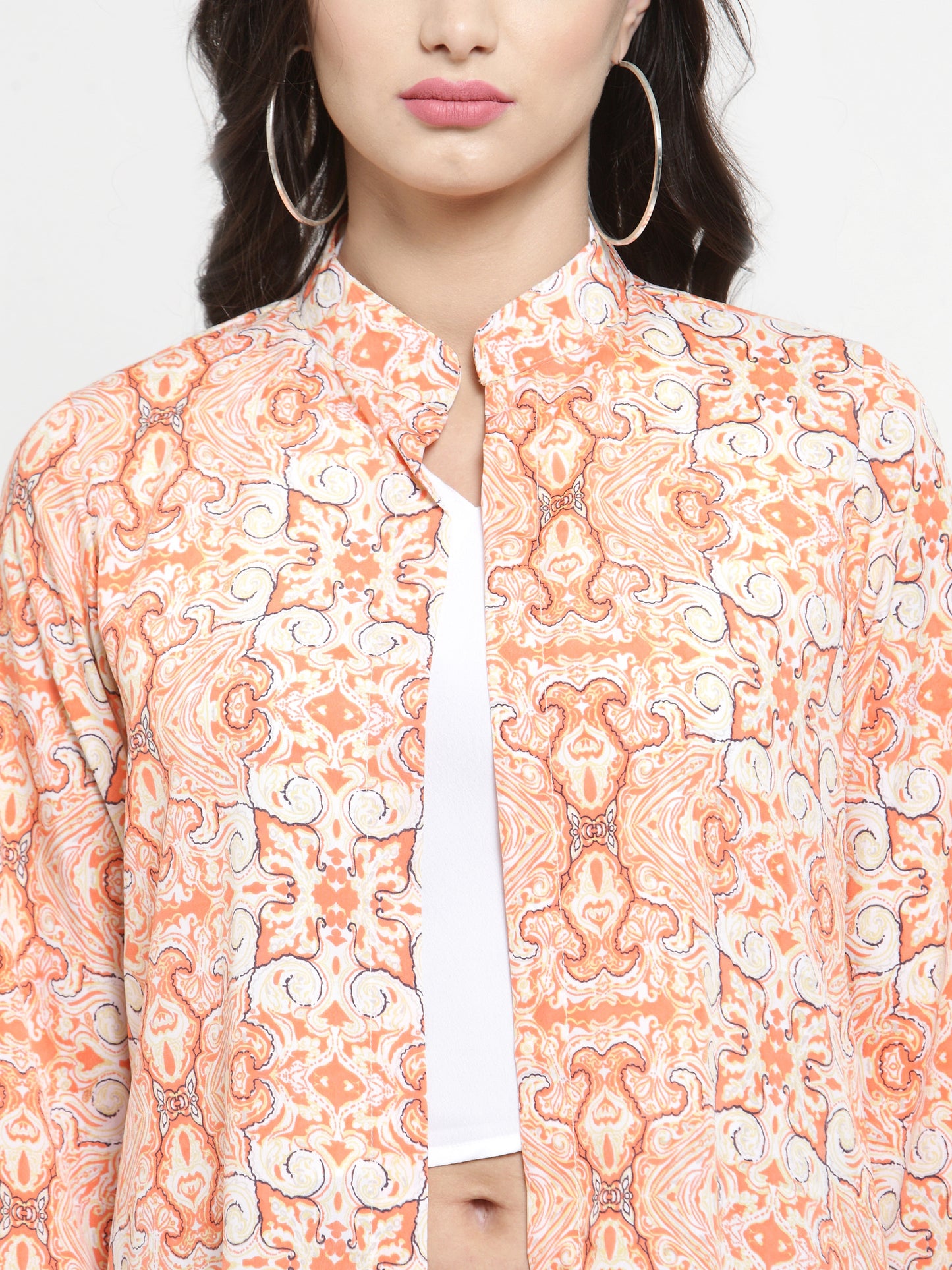 Orange-Colored Printed Open Front Shrug