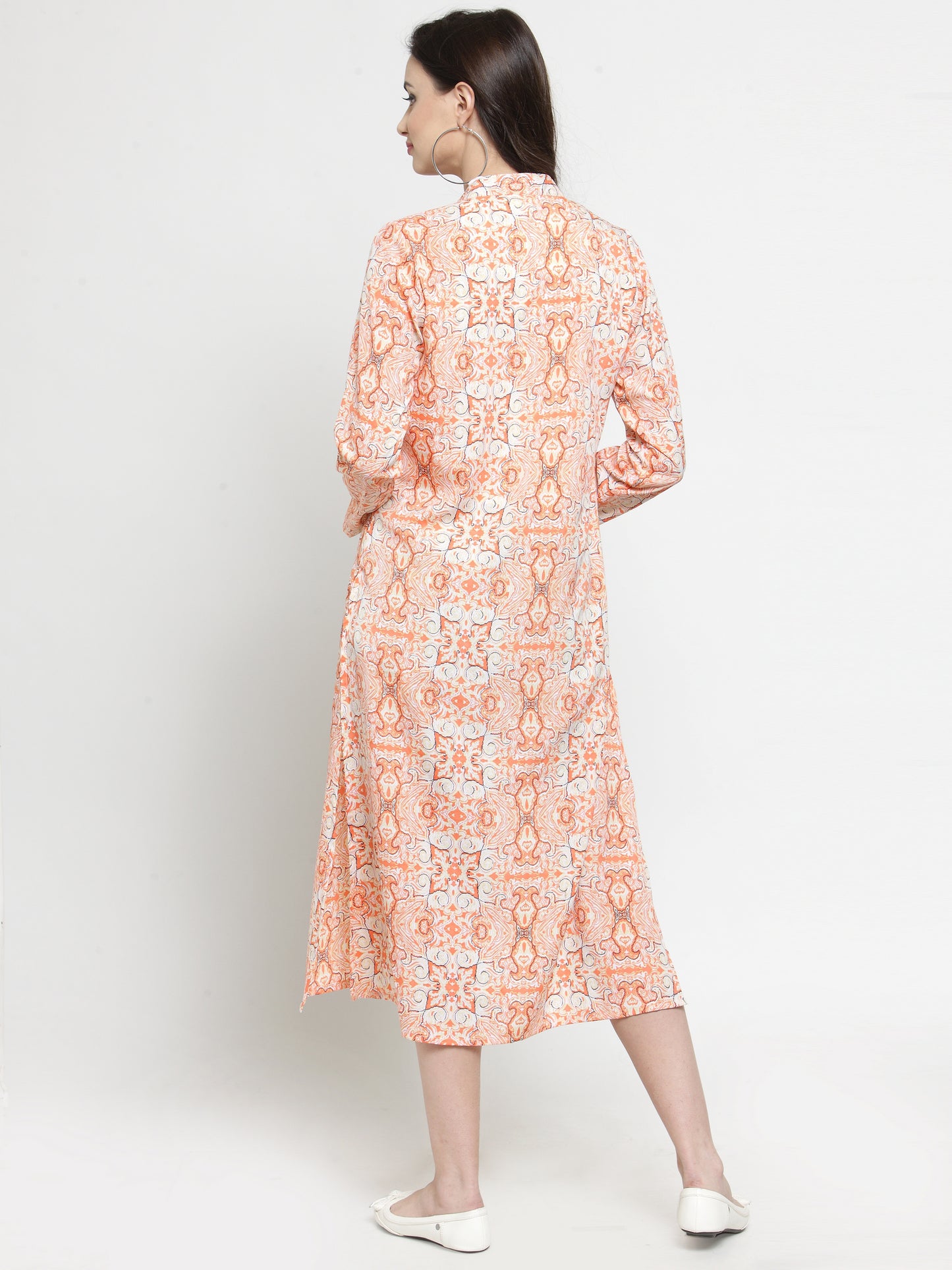 Orange-Colored Printed Open Front Shrug