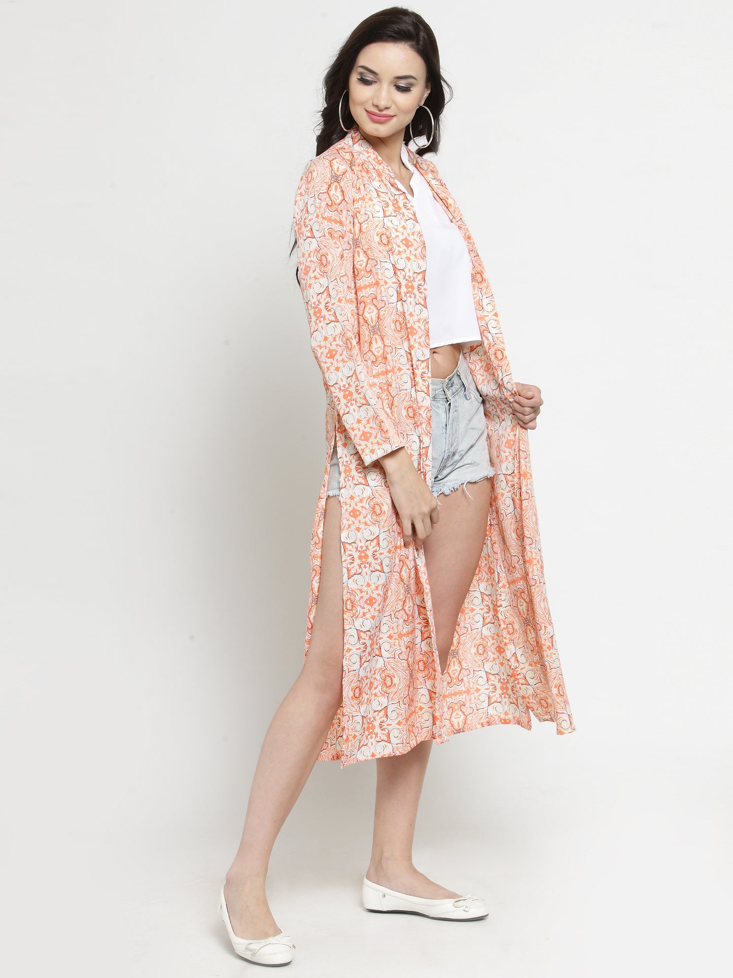 Orange-Colored Printed Open Front Shrug