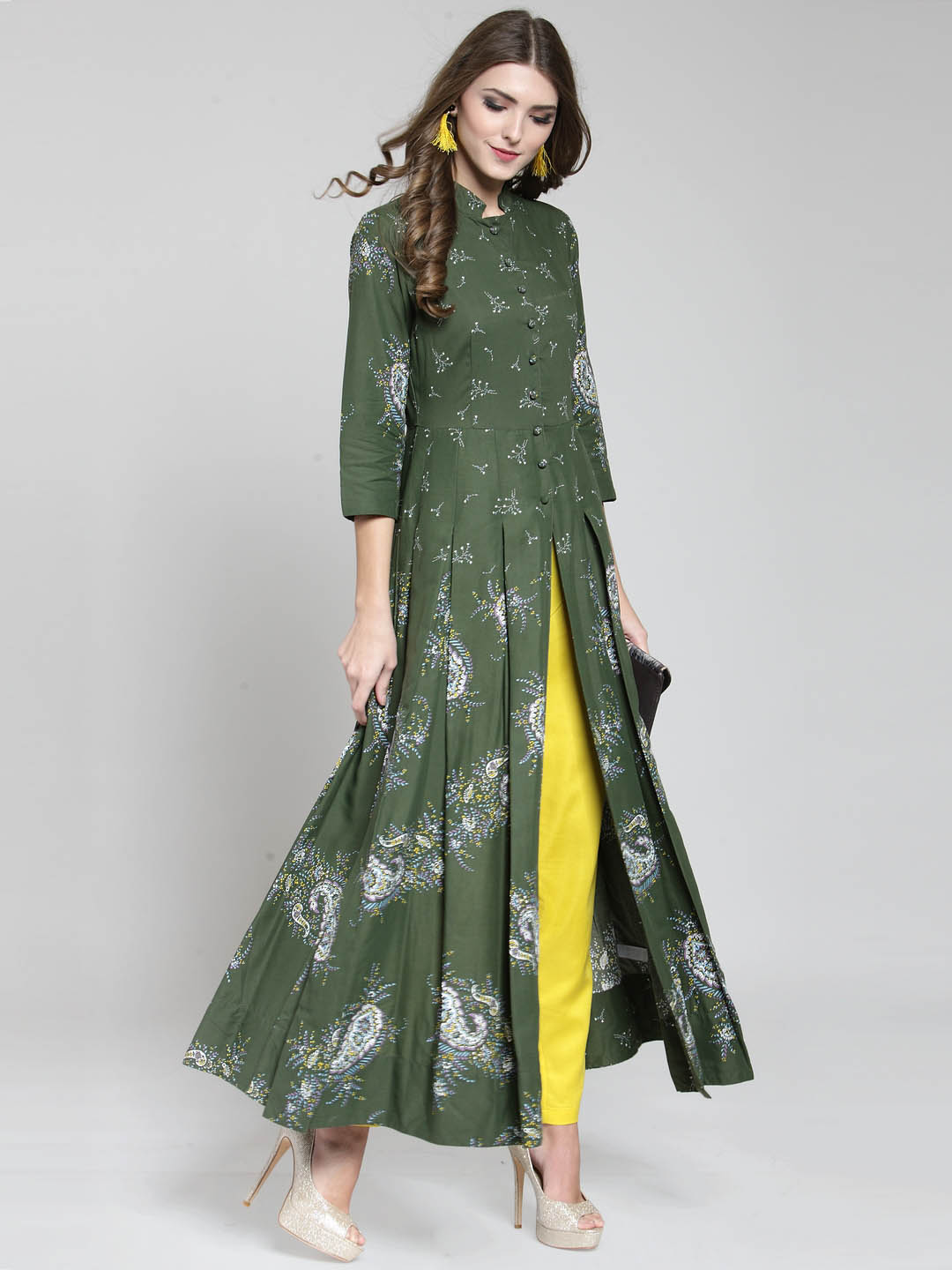 Women Green Printed Anarkali Long Kurta with Yellow Palazzo