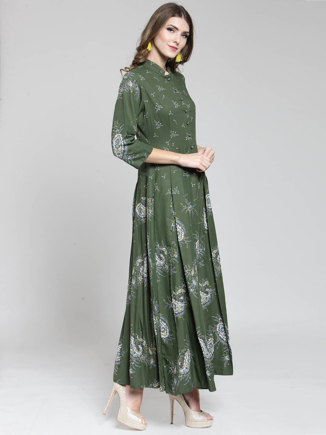 Women Green Printed Anarkali Long Kurta with Yellow Palazzo