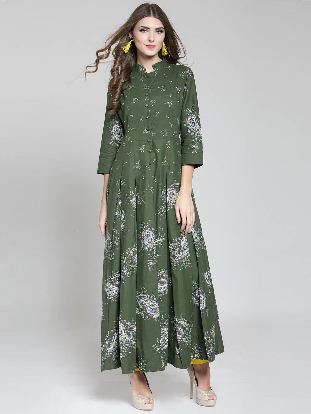 Women Green Printed Anarkali Long Kurta with Yellow Palazzo