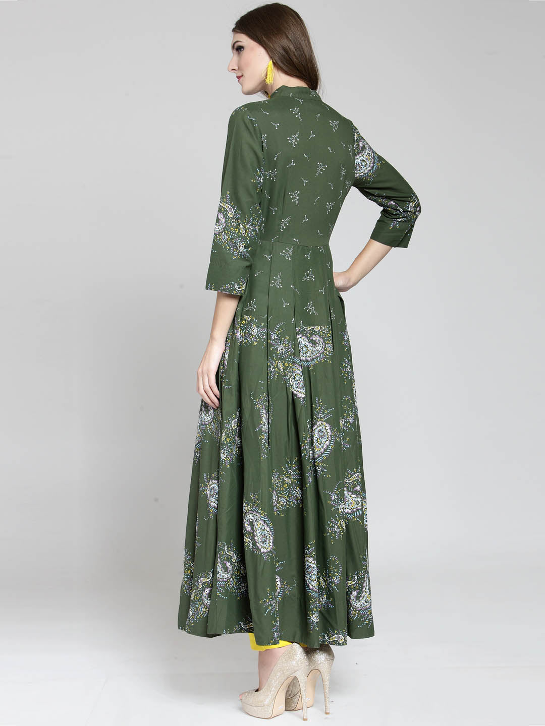 Women Green Printed Anarkali Long Kurta with Yellow Palazzo