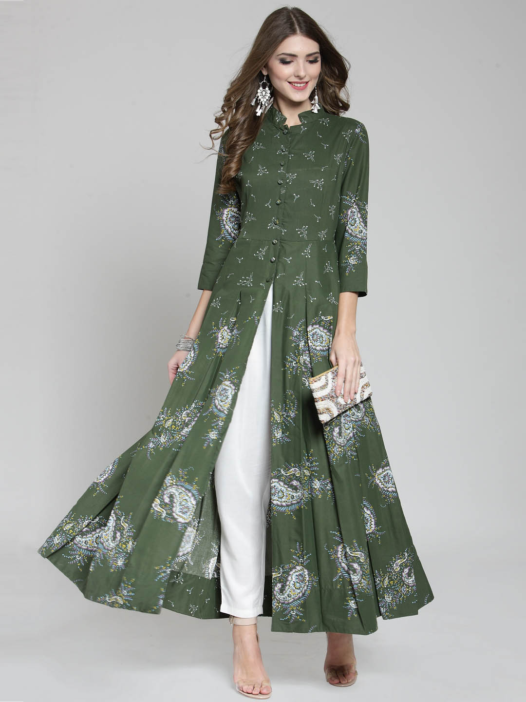 Women Green Printed Anarkali Long Kurta with White Palazzo