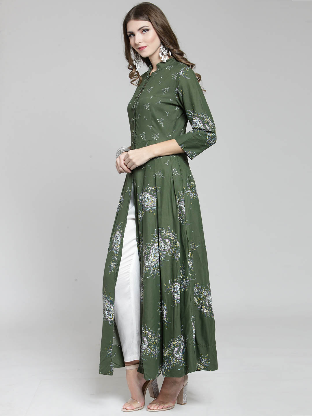 Women Green Printed Anarkali Long Kurta with White Palazzo