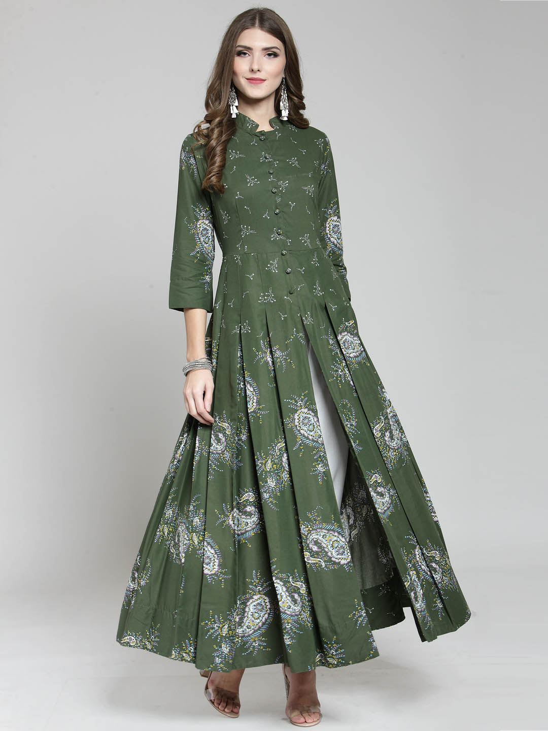 Women Green Printed Anarkali Long Kurta with White Palazzo