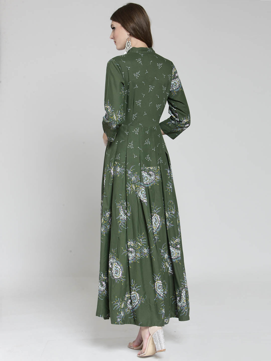 Women Green Printed Anarkali Long Kurta with White Palazzo