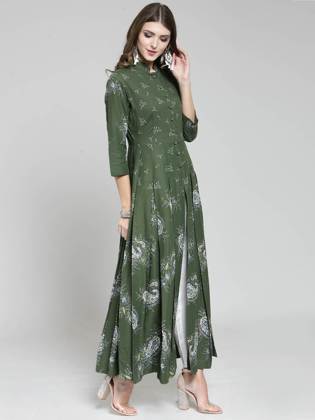 Women Green Printed Anarkali Long Kurta with White Palazzo