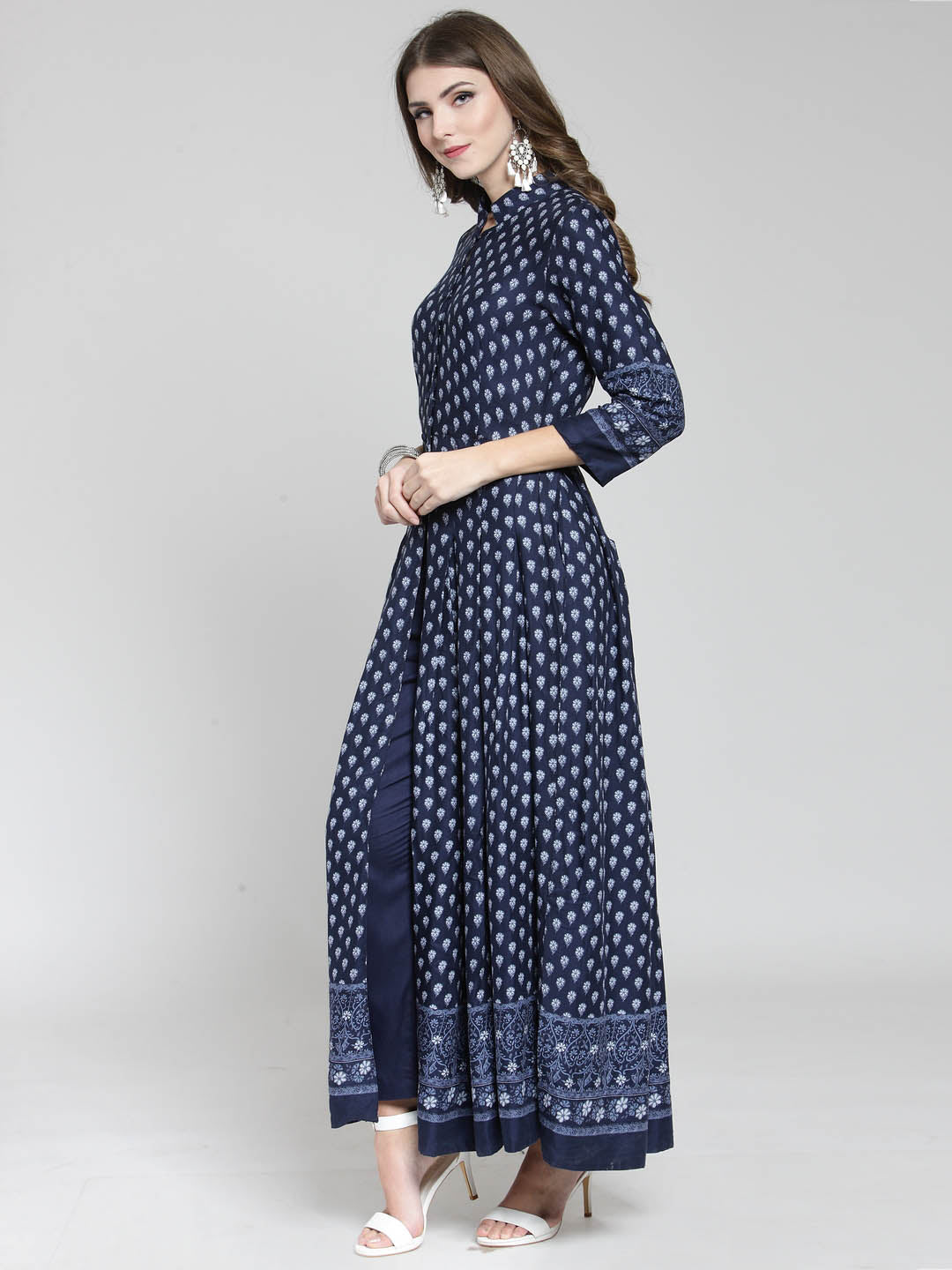 Navy Border Print Anarkali Long Kurta and Blue Palazzo Set