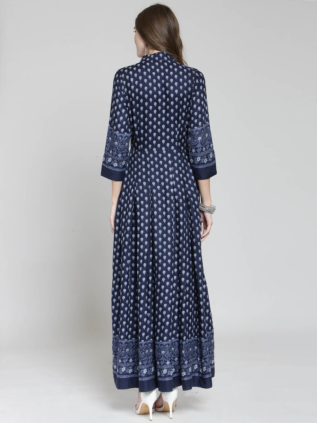Navy Border Print Anarkali Long Kurta and Blue Palazzo Set