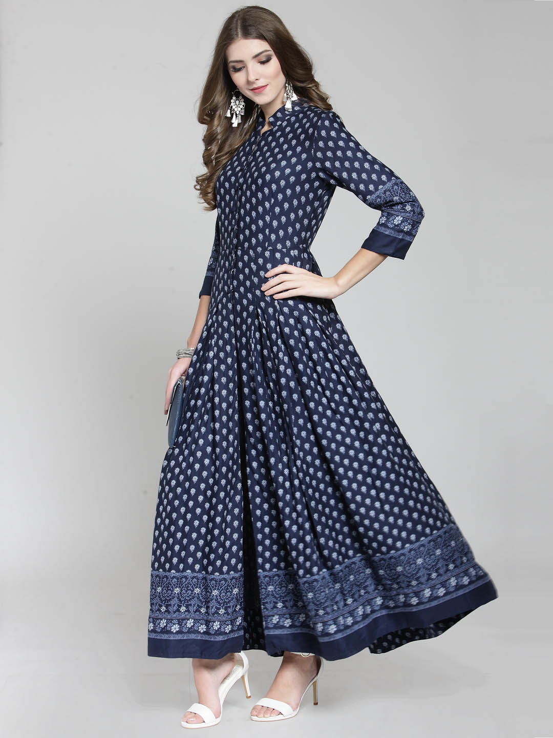 Navy Border Print Anarkali Long Kurta and Blue Palazzo Set
