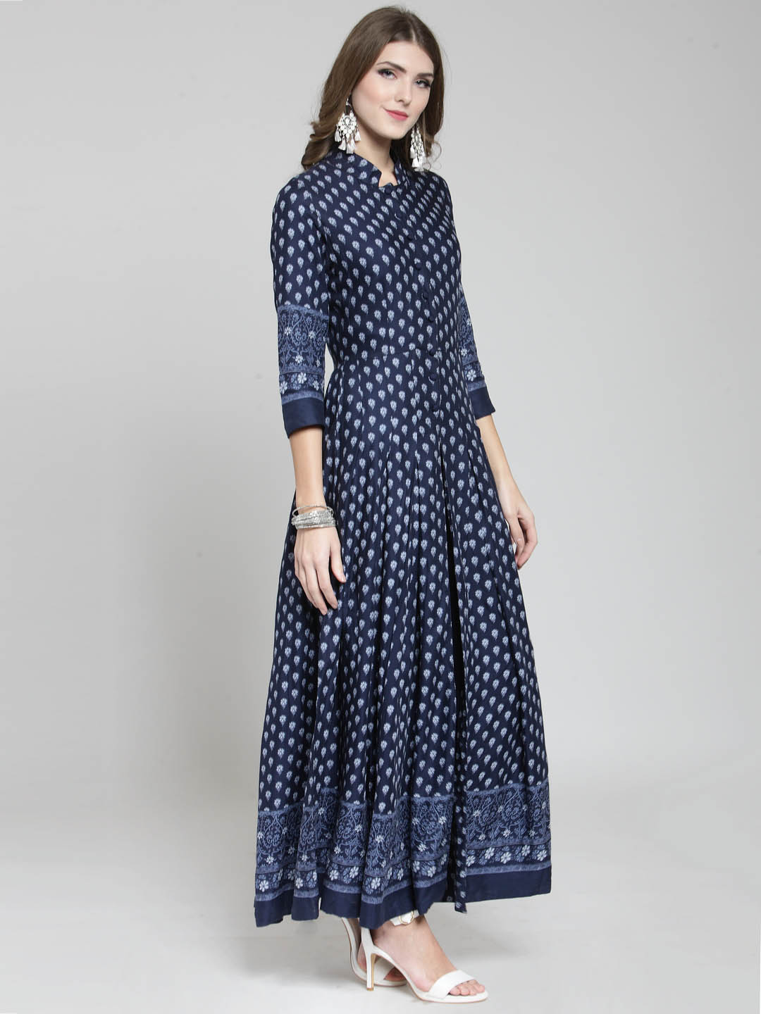 Navy Border Print Anarkali Long Kurta and Blue Palazzo Set