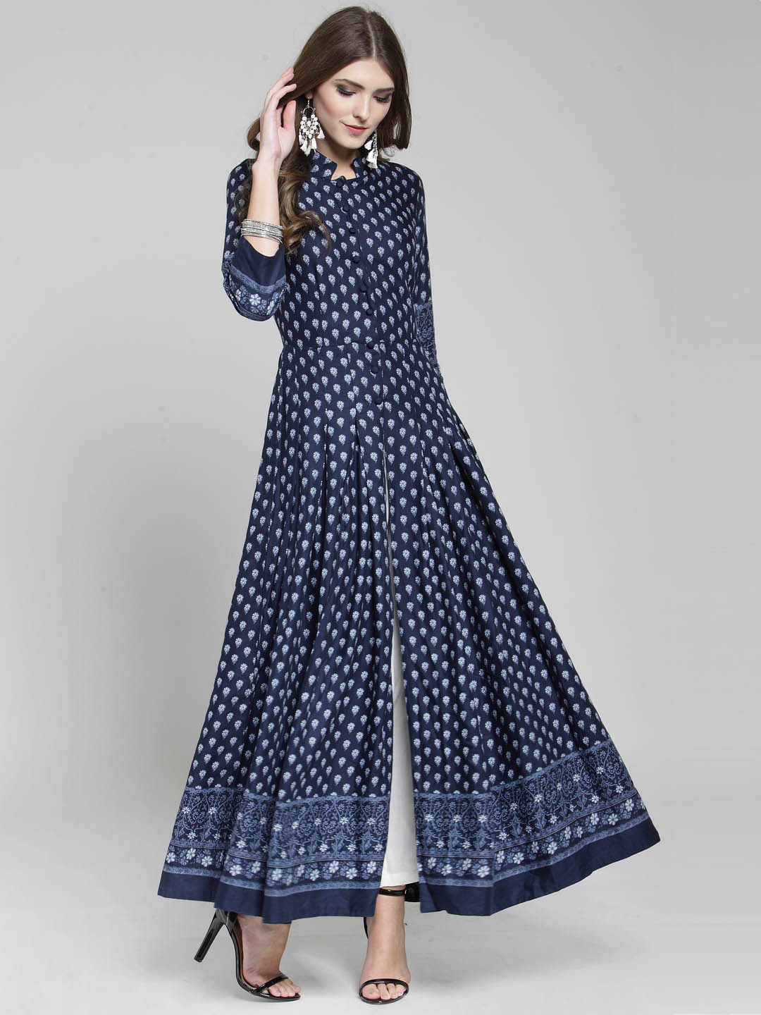 Navy Border Print Anarkali Long Kurta and White Palazzo Set