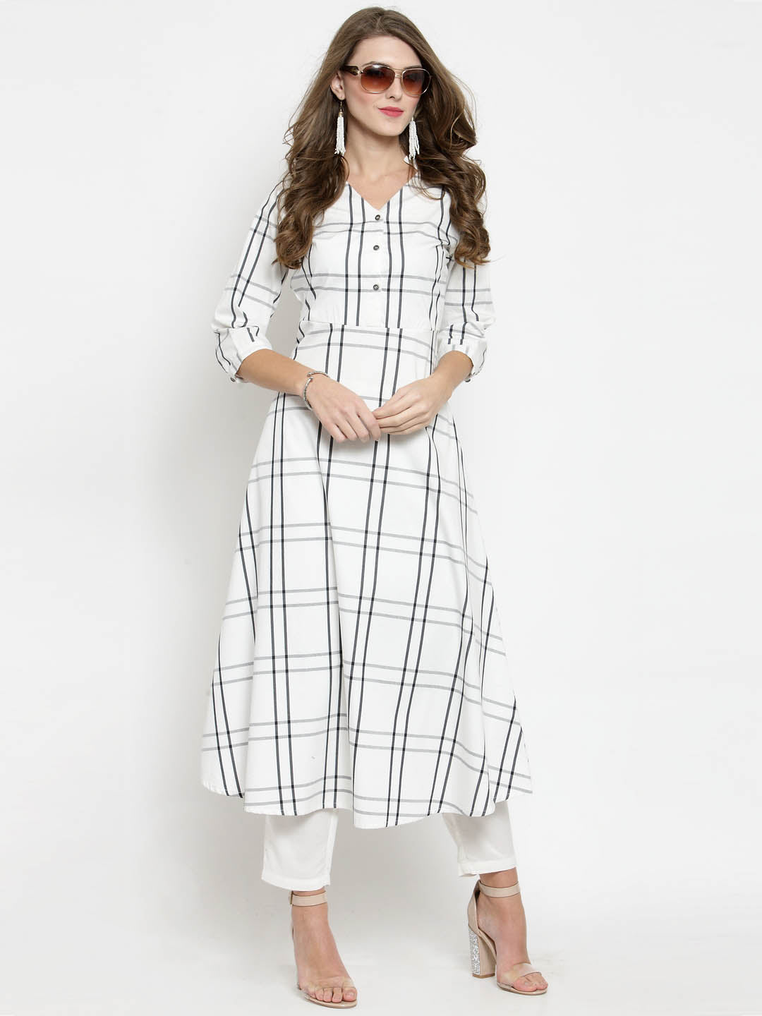 Women Black and White Check A line Kurta with White Palazzo