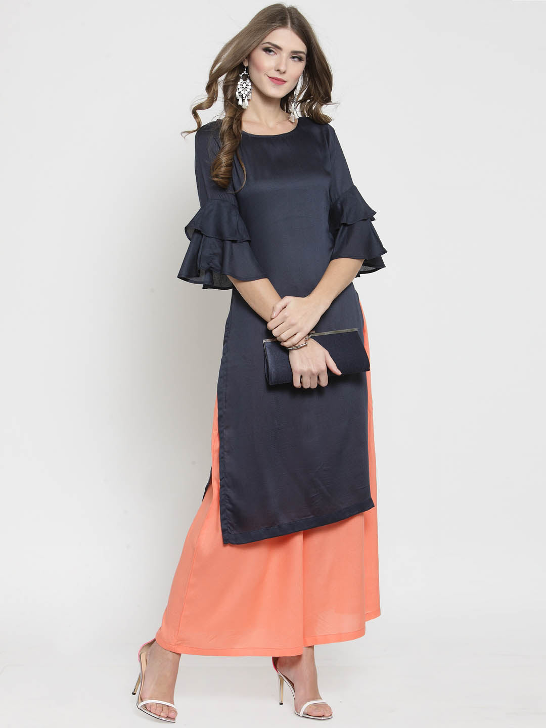 Navy Solid bell sleeve Kurta and Coral Palazzo Set