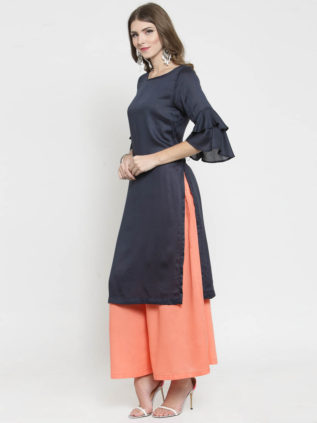 Navy Solid bell sleeve Kurta and Coral Palazzo Set