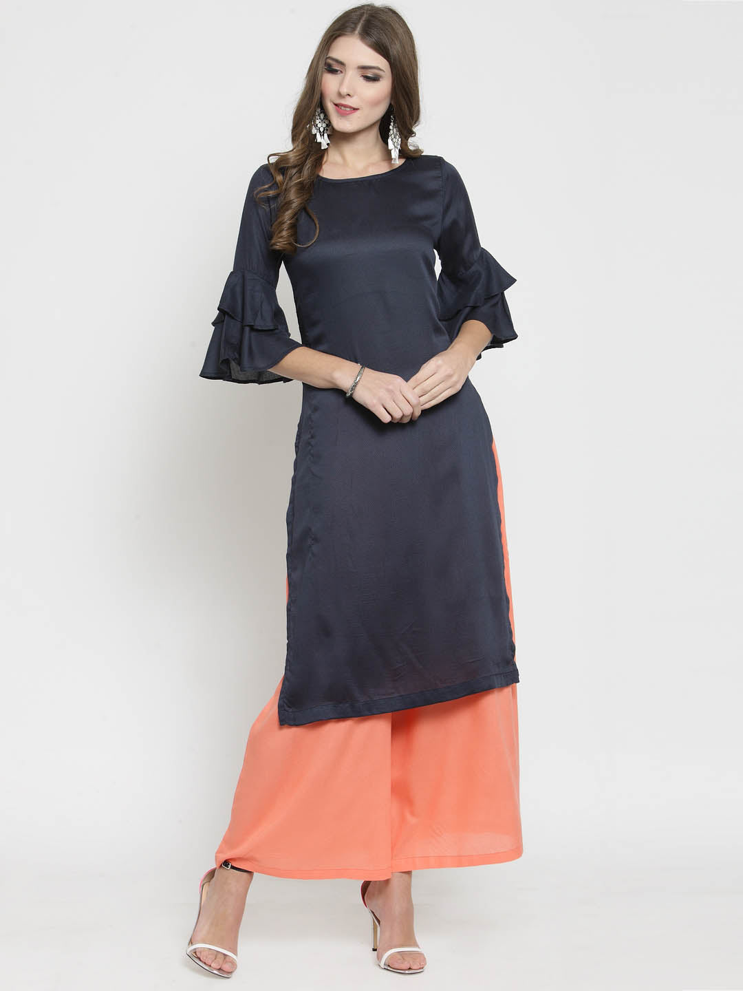 Navy Solid bell sleeve Kurta and Coral Palazzo Set