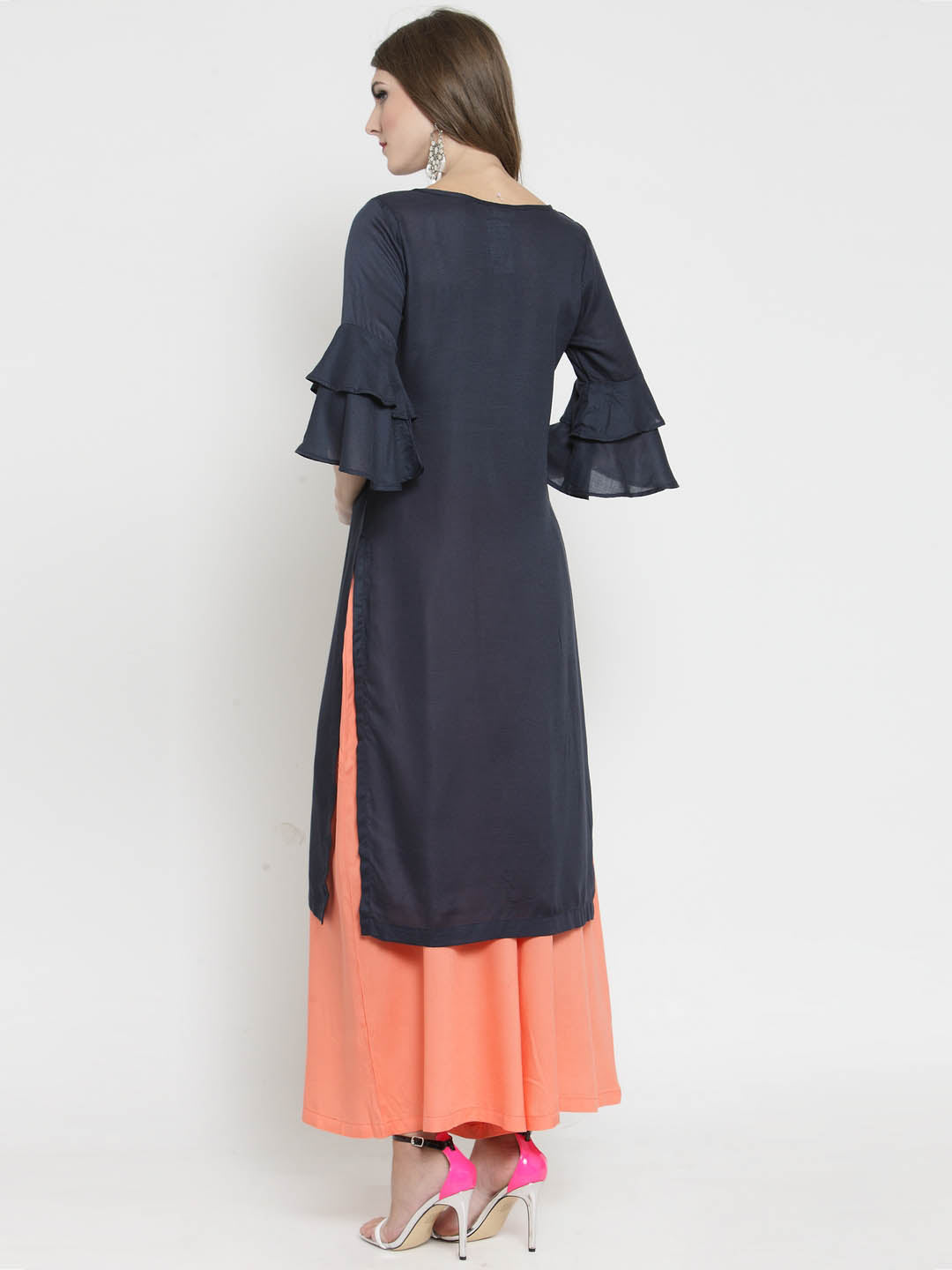 Navy Solid bell sleeve Kurta and Coral Palazzo Set
