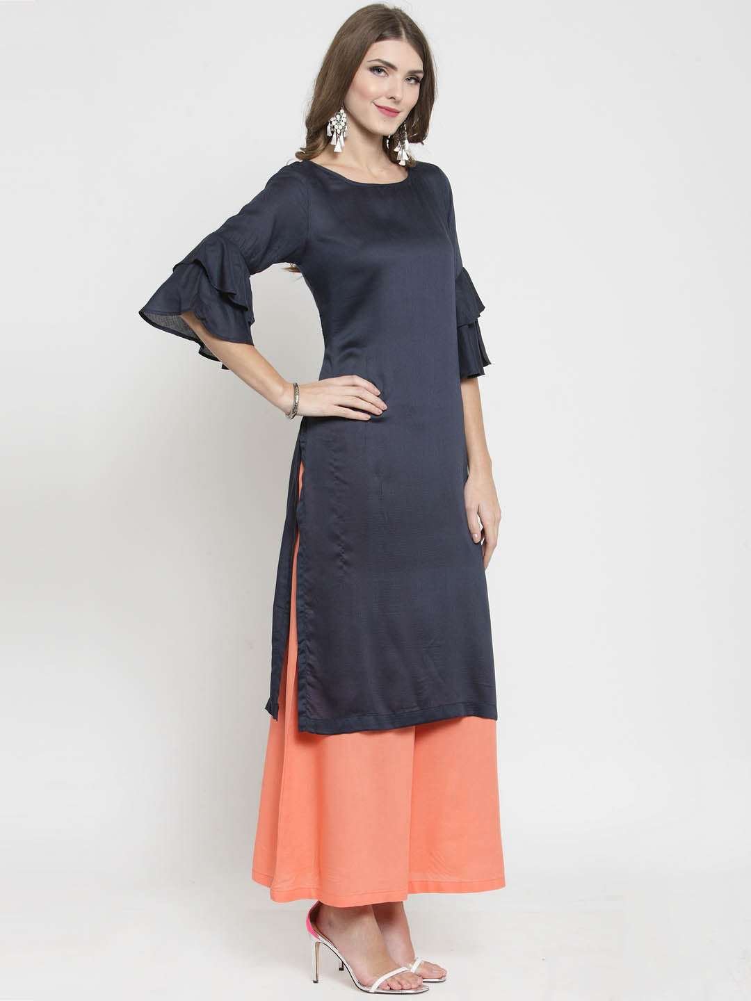 Navy Solid bell sleeve Kurta and Coral Palazzo Set