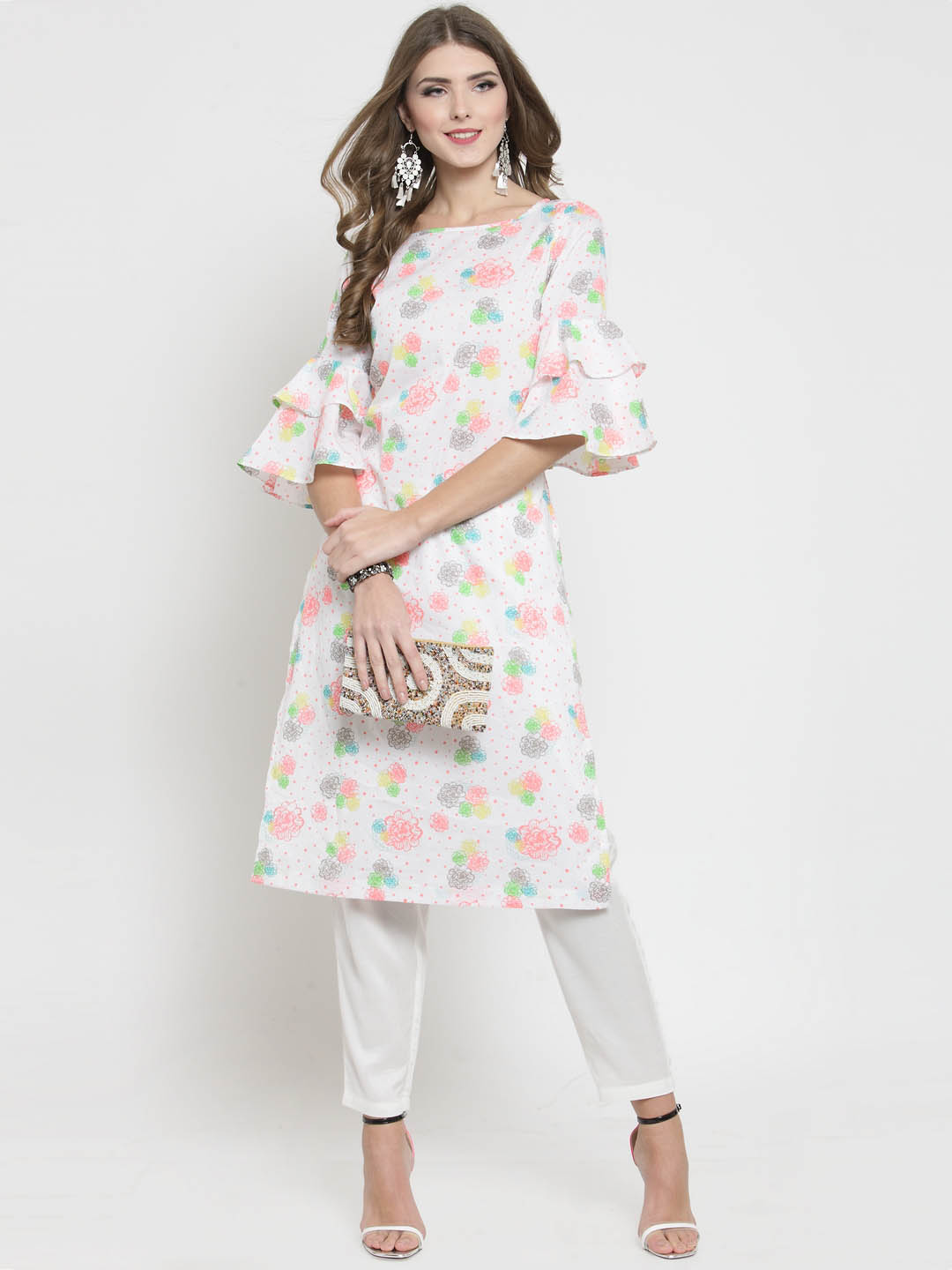 White Printed bell sleeve Kurta and White Palazzo Set