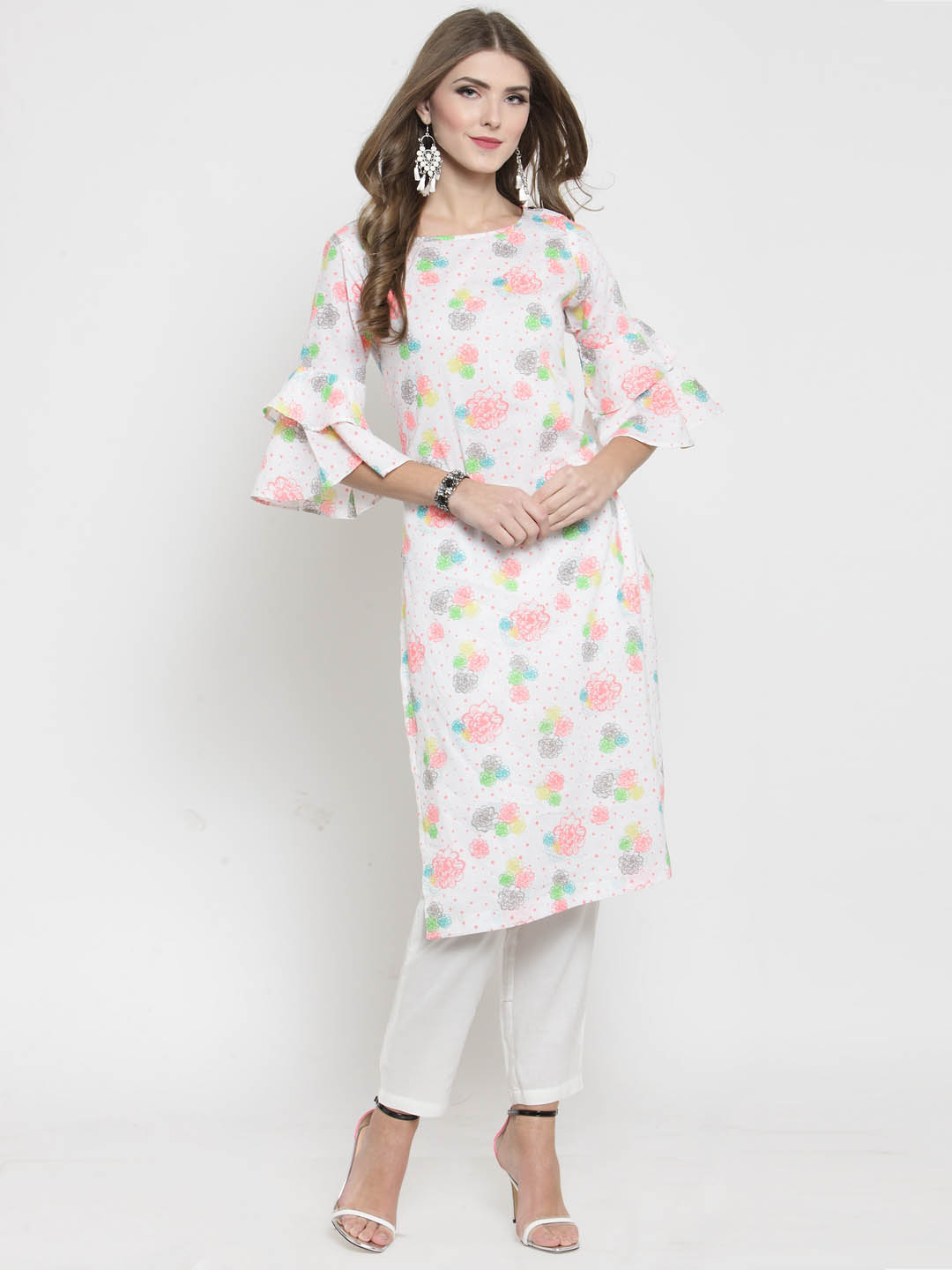 White Printed bell sleeve Kurta and White Palazzo Set