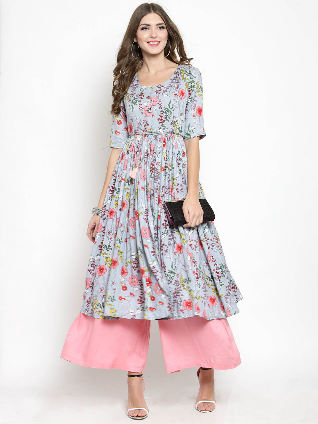 Women Fit and Flare Anarkali Kurta with Pink Palazzo