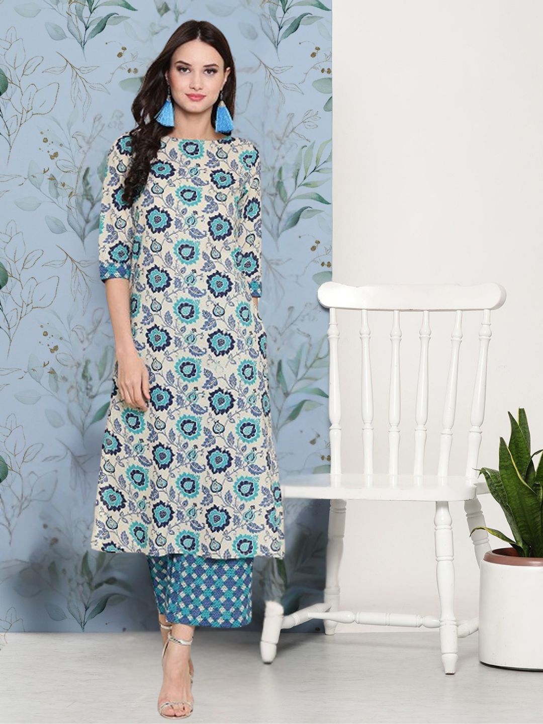 Blue A-line Kurta with Wideleg Palazzo