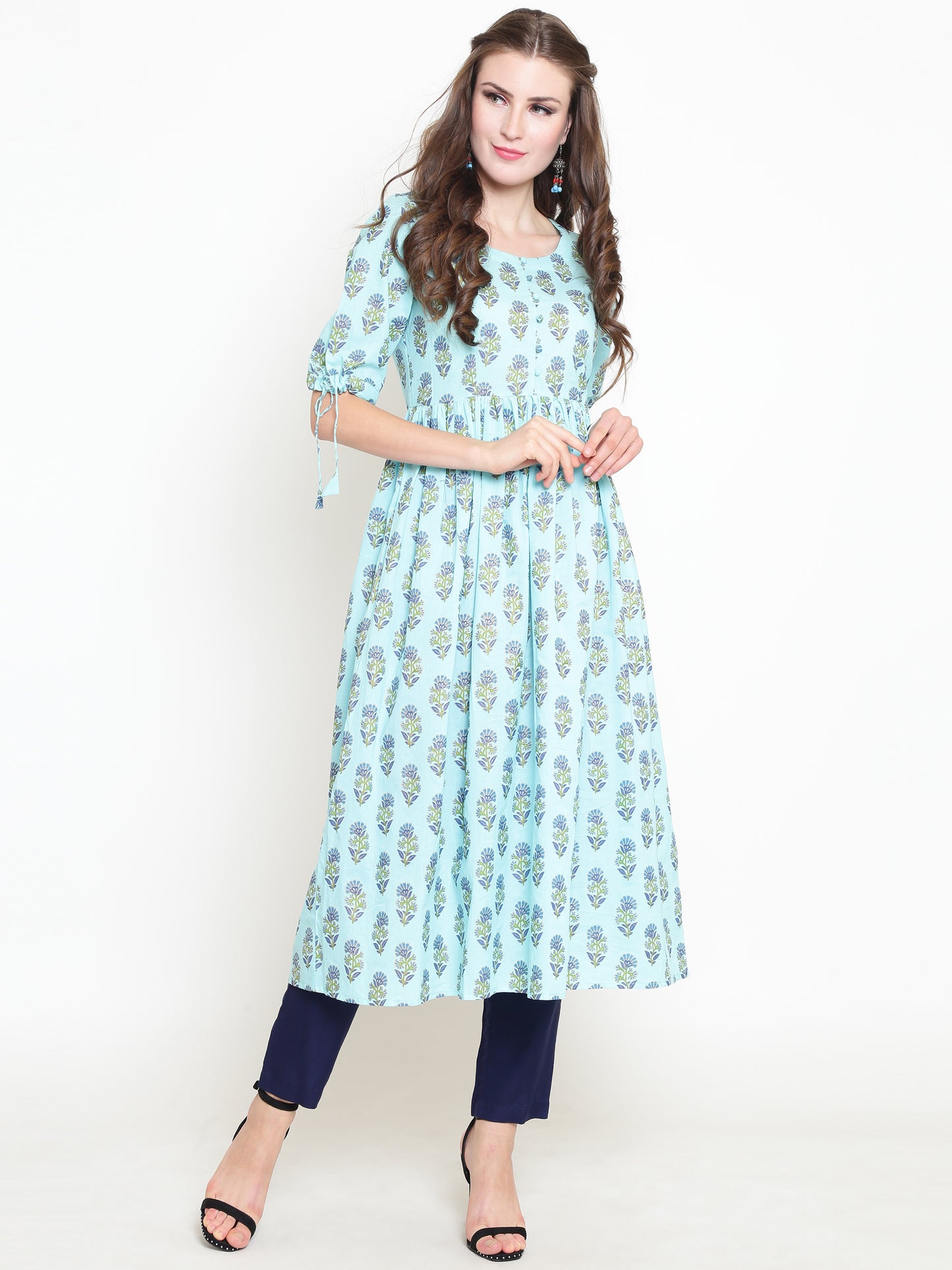 Blue Printed Anarkali Kurta With Palazzzo
