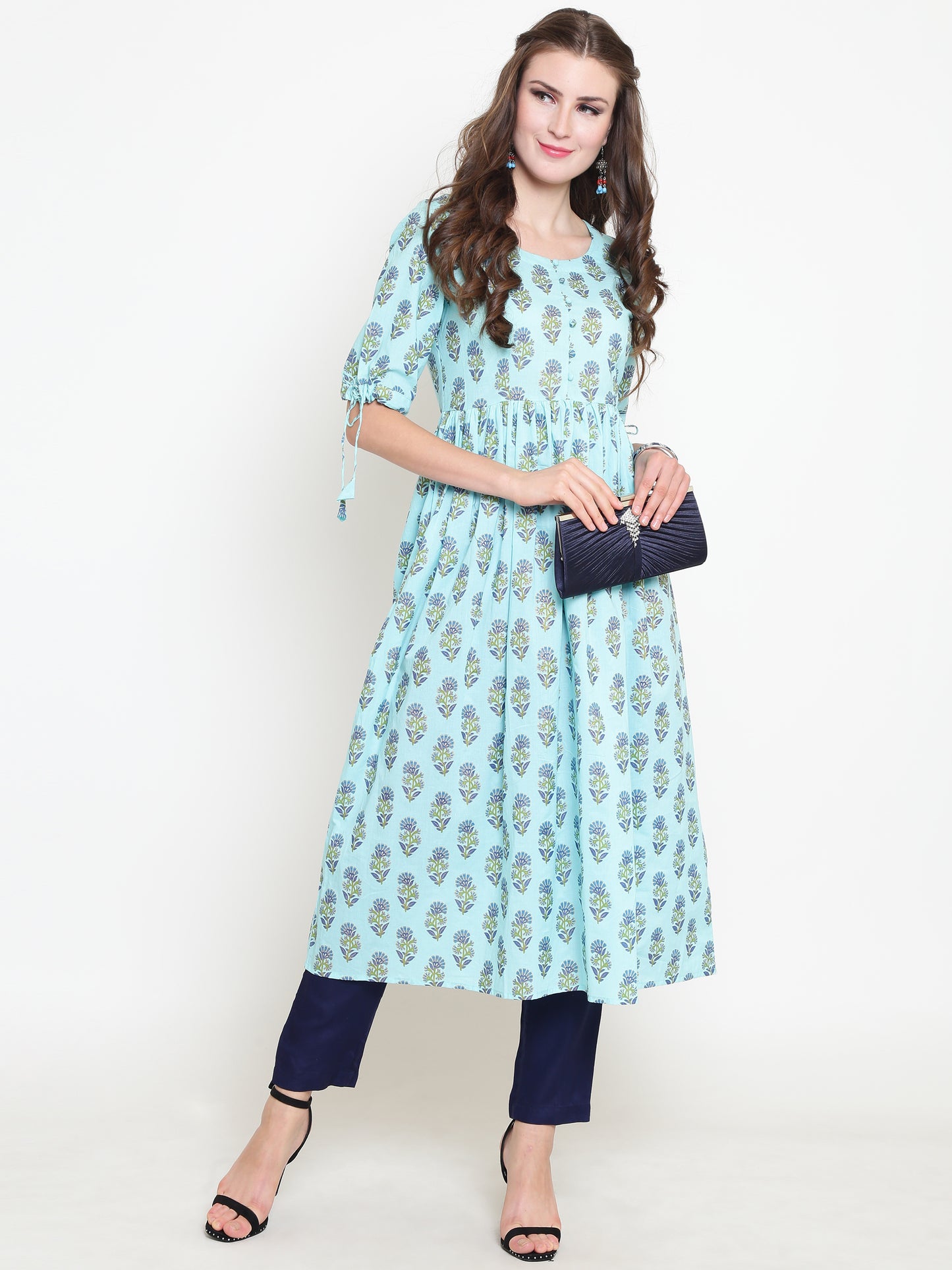 Blue Printed Anarkali Kurta With Palazzzo