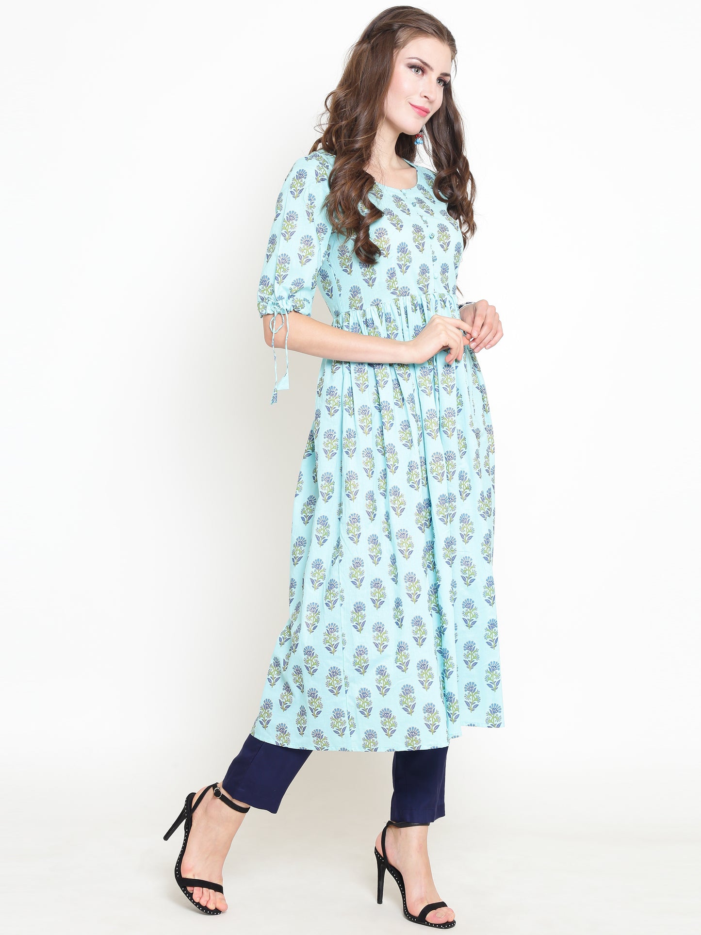 Blue Printed Anarkali Kurta With Palazzzo