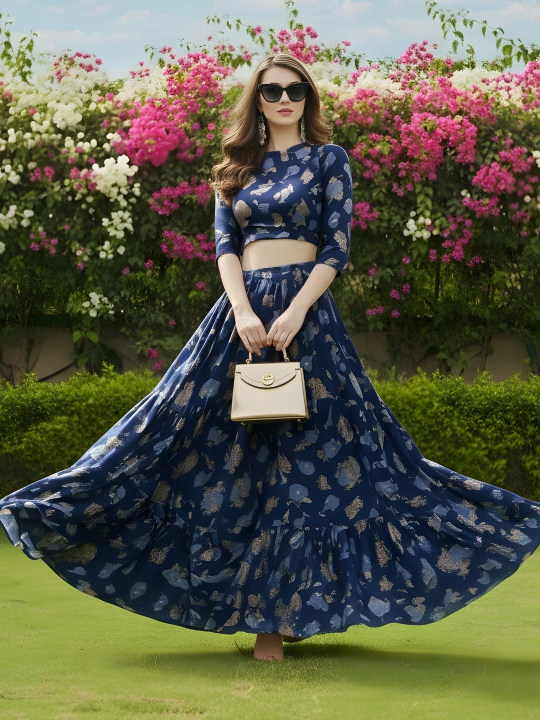 Elegant Navy Blue Printed Crop Top Flared Skirt Festive & Party Wear Top and Skirt Set