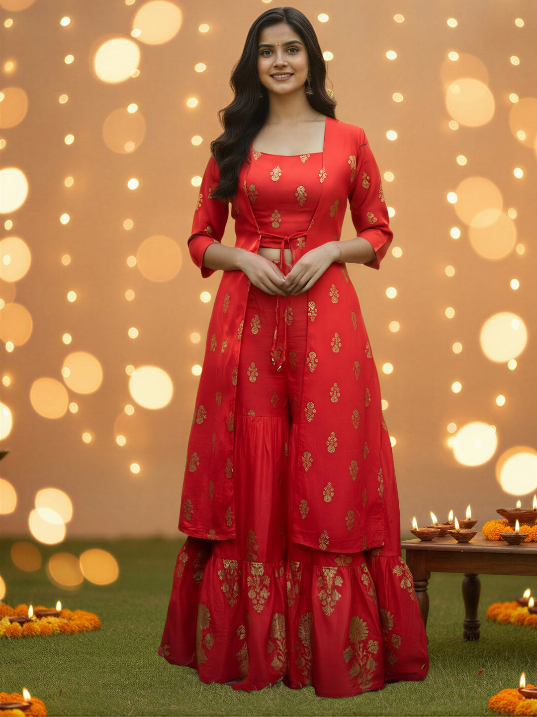 Red Printed 3 Pc Cord Set for Women , Festive Ethnic 3 Pc Co-ord Outfit with Gold Motifs