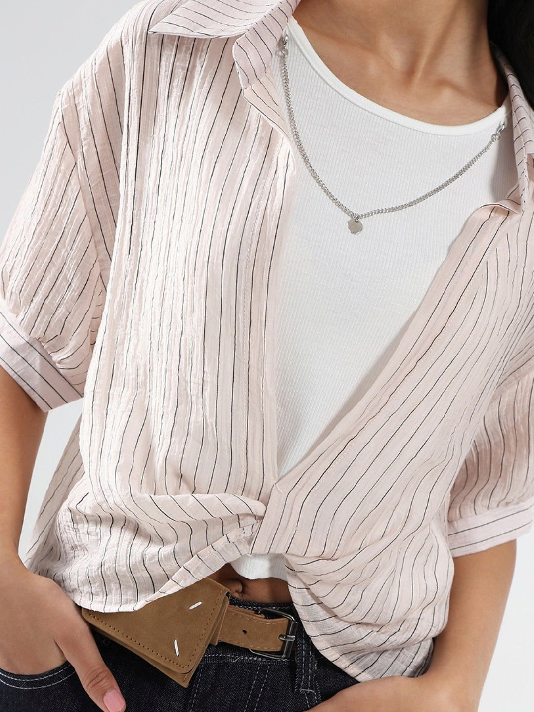 Blush Pink Striped Oversized Top with inner tank top and necklace