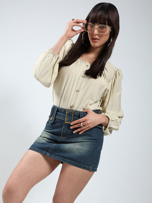 Beige Cotton Nylon Puff Sleeve Top