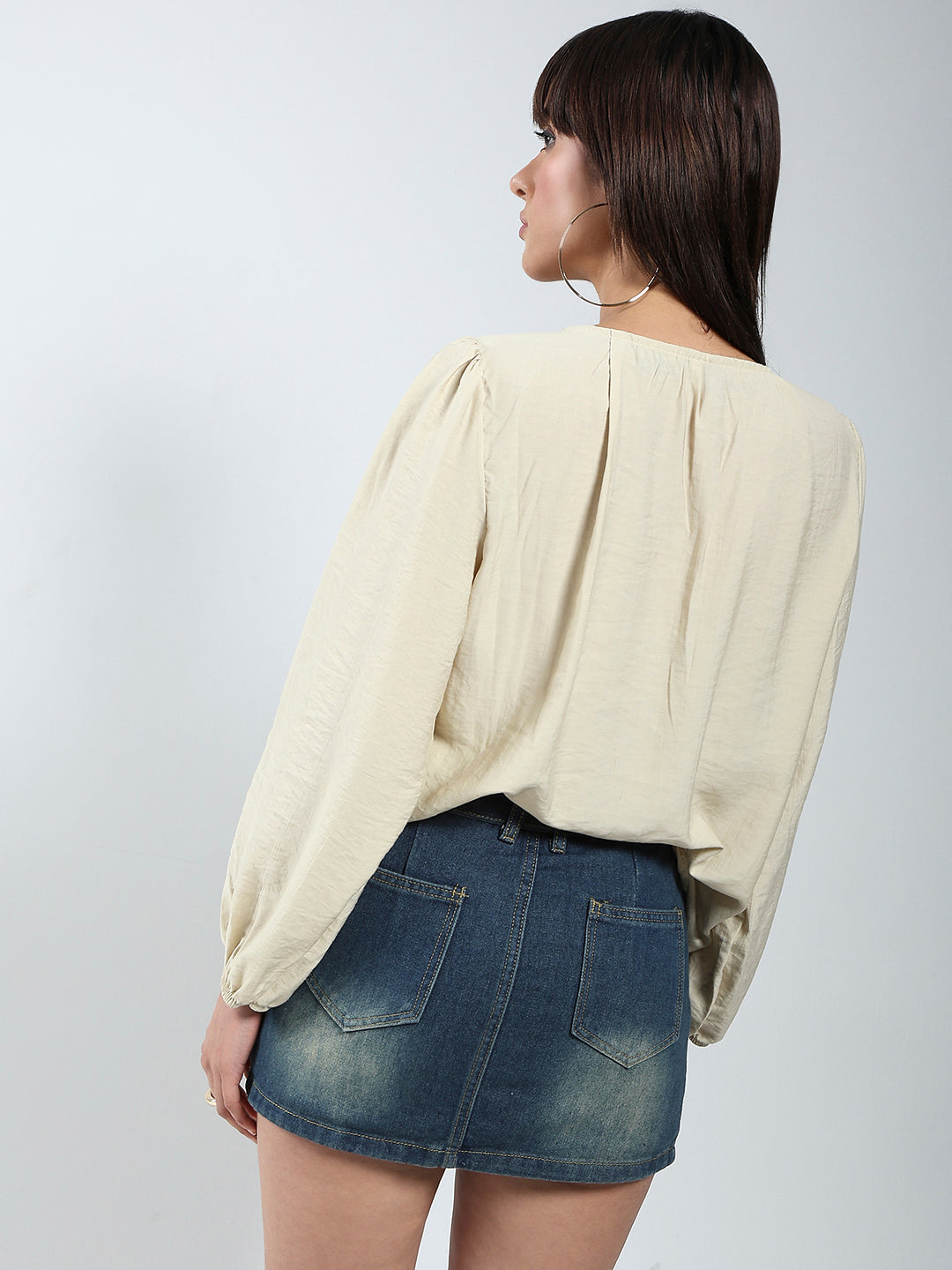 Beige Cotton Nylon Puff Sleeve Top