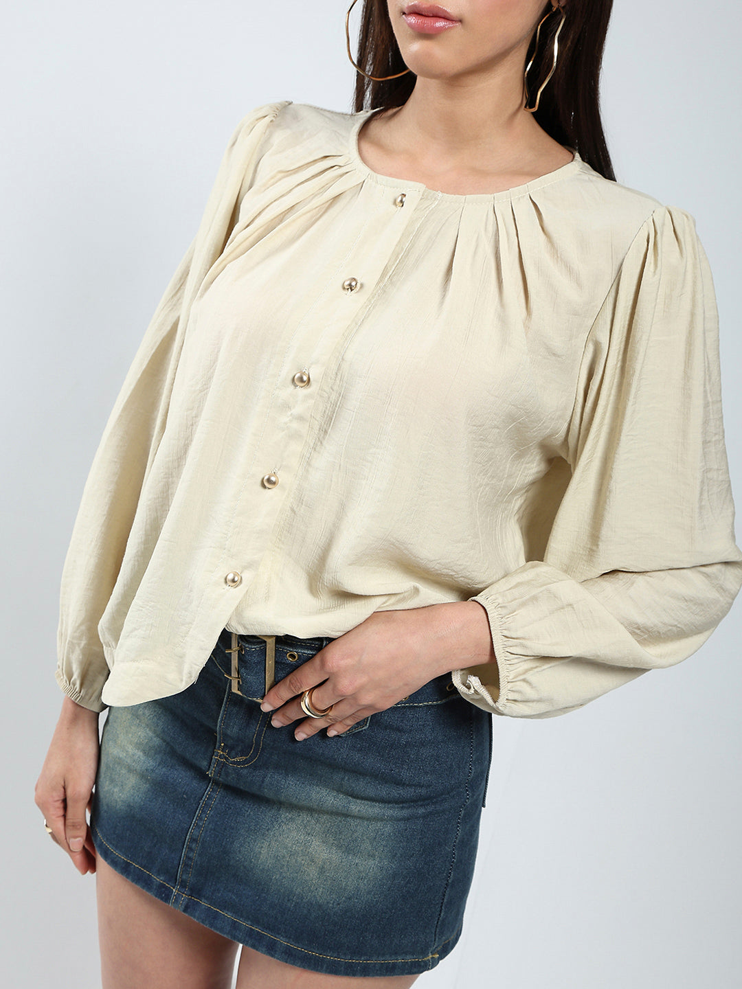 Beige Cotton Nylon Puff Sleeve Top