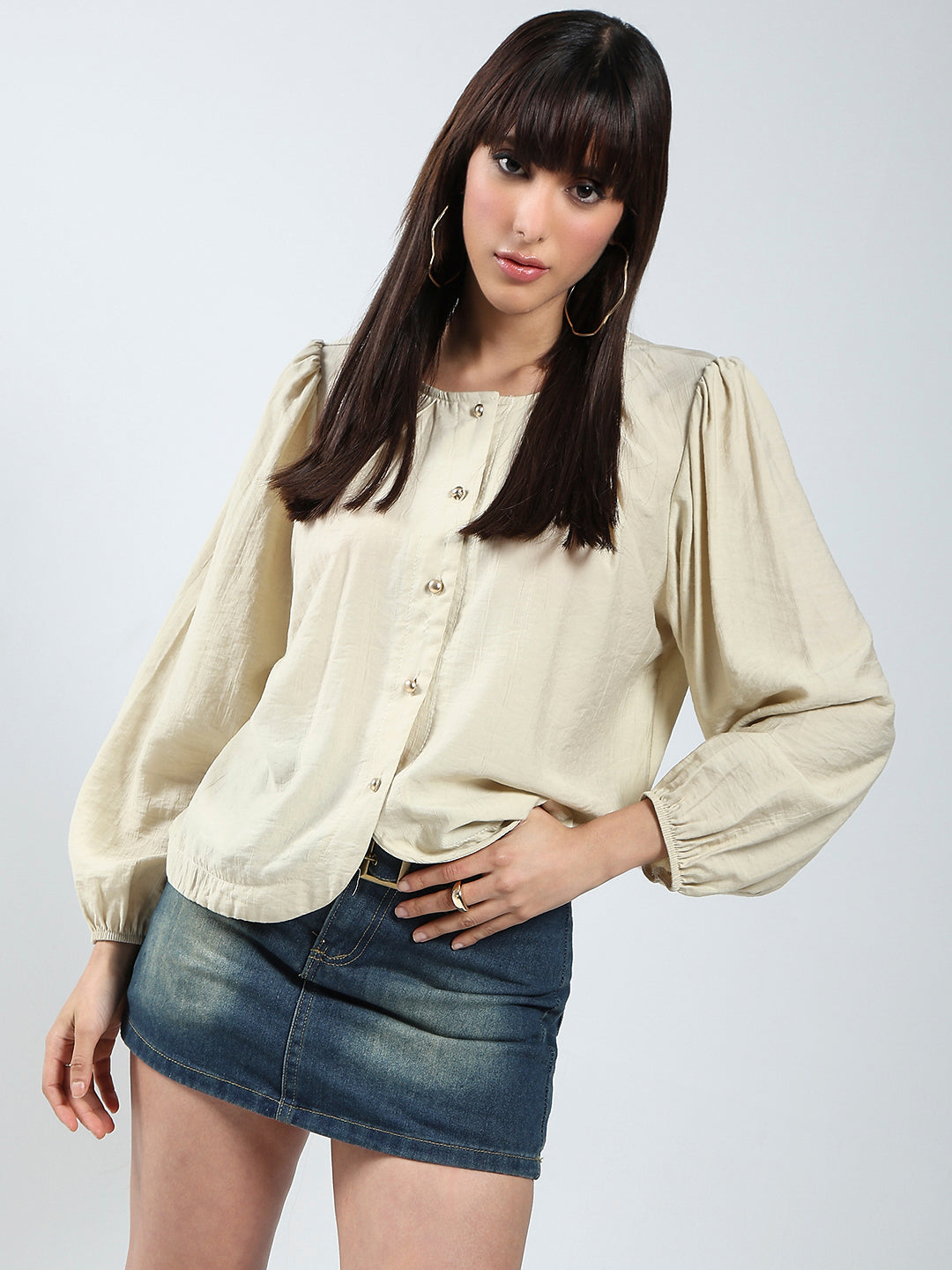 Beige Cotton Nylon Puff Sleeve Top