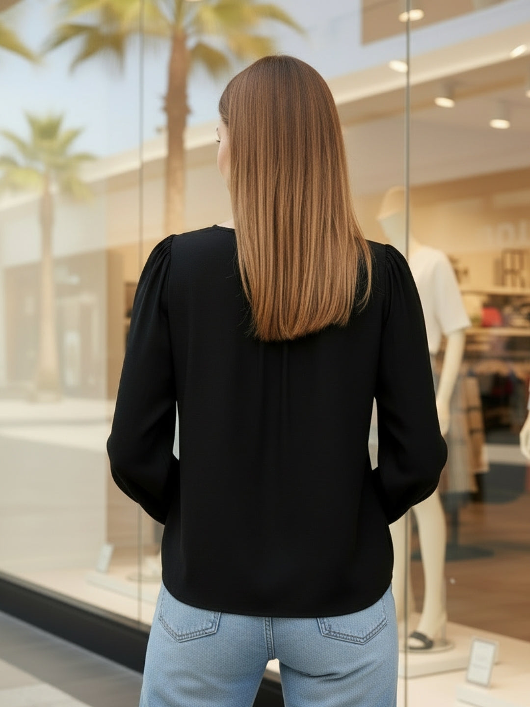 Black Cotton Nylon Puff Sleeve Top