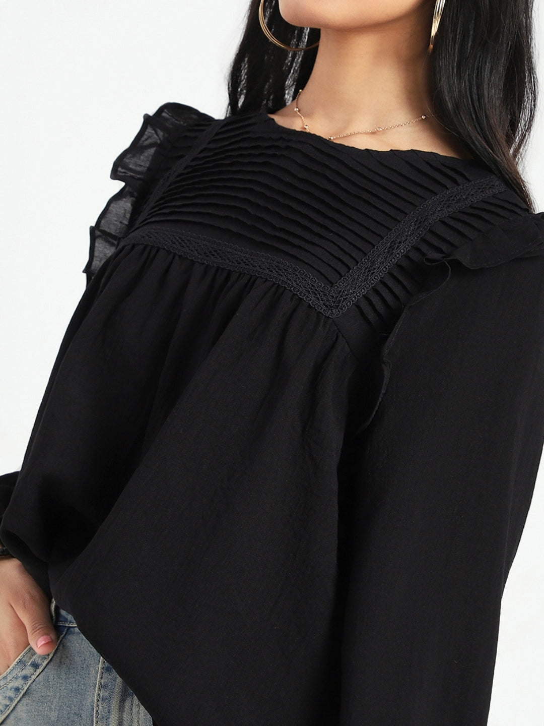 Black Pleated Yoke Ruffle Top