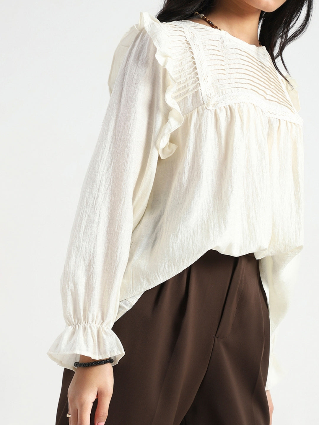 Off-White Pleated Yoke Ruffle Top