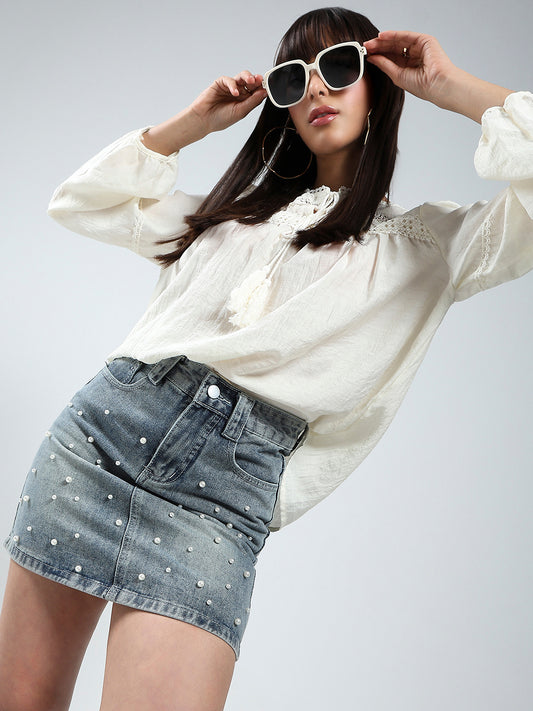 Offwhite Boho Chic Top with Lace and Tassel Tie up