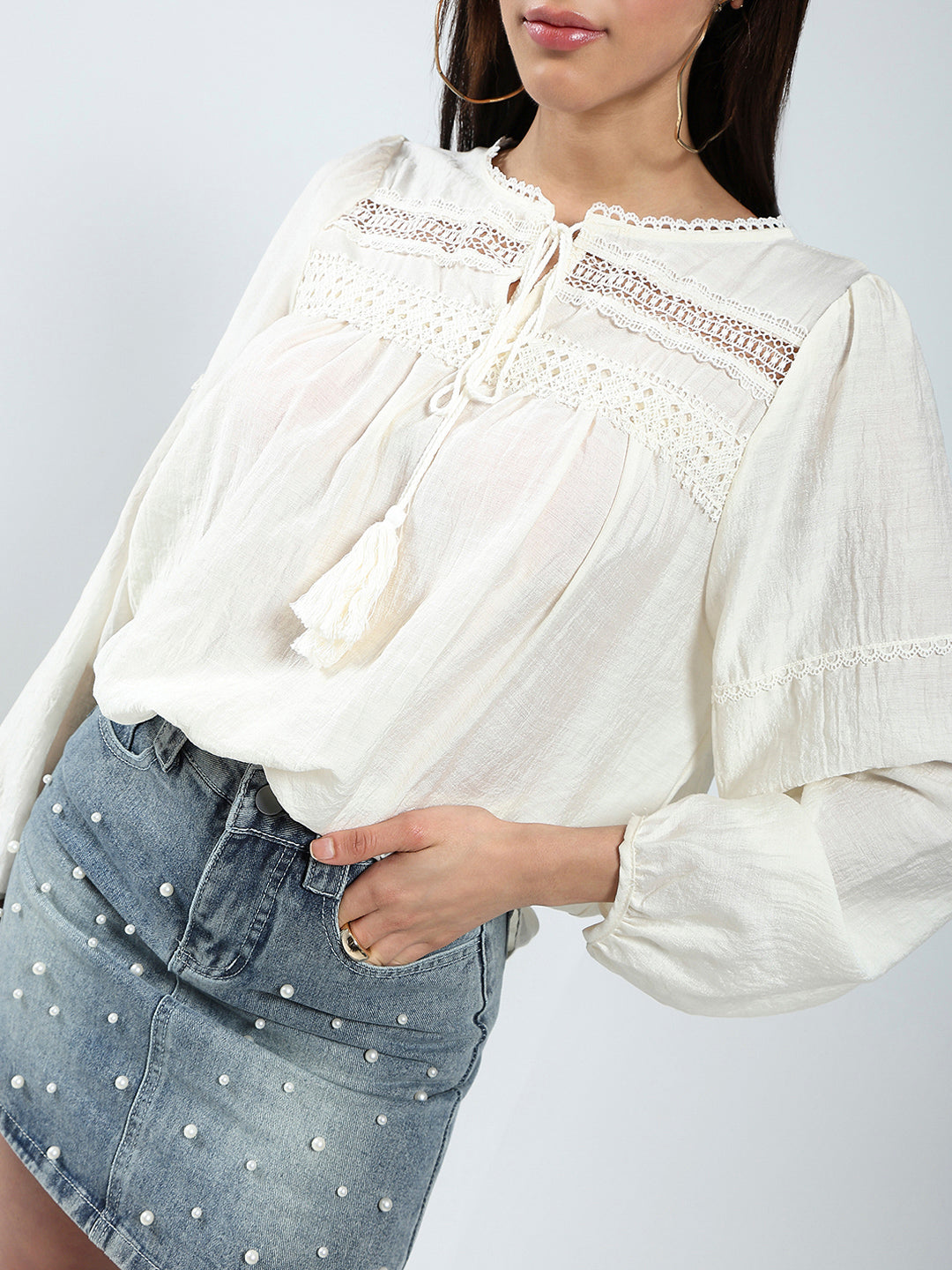 Offwhite Boho Chic Top with Lace and Tassel Tie up