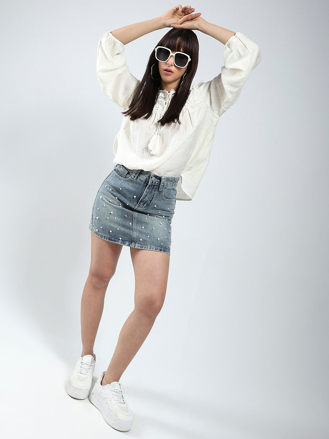 Offwhite Boho Chic Top with Lace and Tassel Tie up