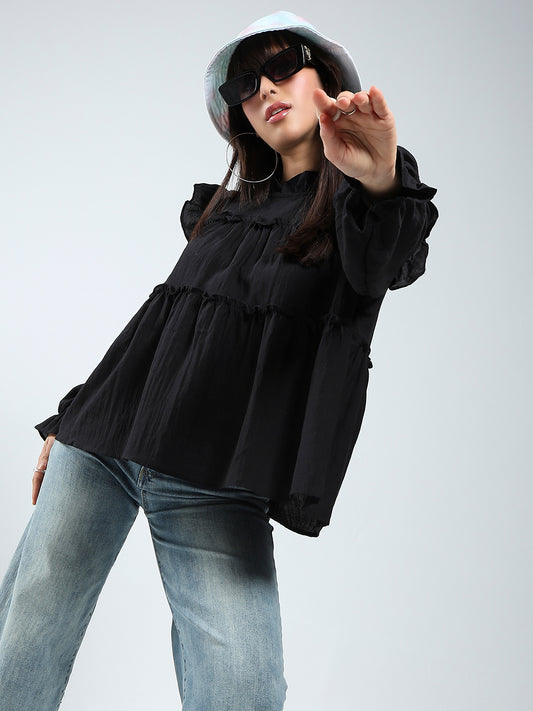 Black Ruffled Tiered Long Sleeve Flowy Top