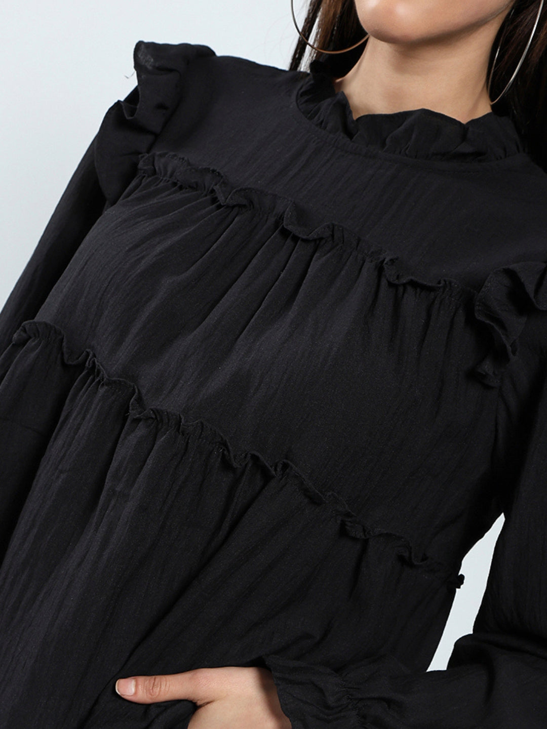 Dark Black Ruffled Tiered Long Sleeve Flowy Top