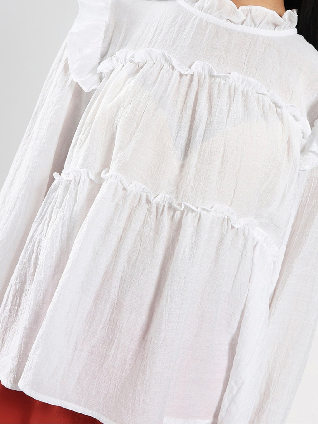 Dark White Ruffled Tiered Long Sleeve Flowy Top