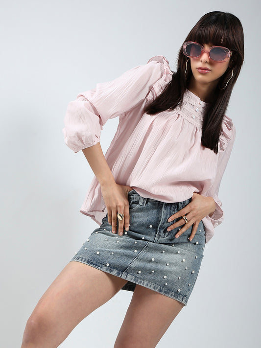 Blush Pink Cotton Nylon Ruffled Button-Front Top